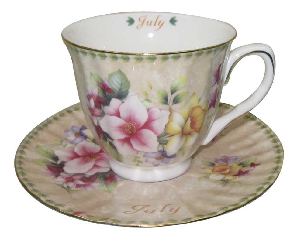 Gracie China by Coastline Imports Tea Cup and Saucer with Gold Trim, Gift Boxed, Month of July, 8-Ounce