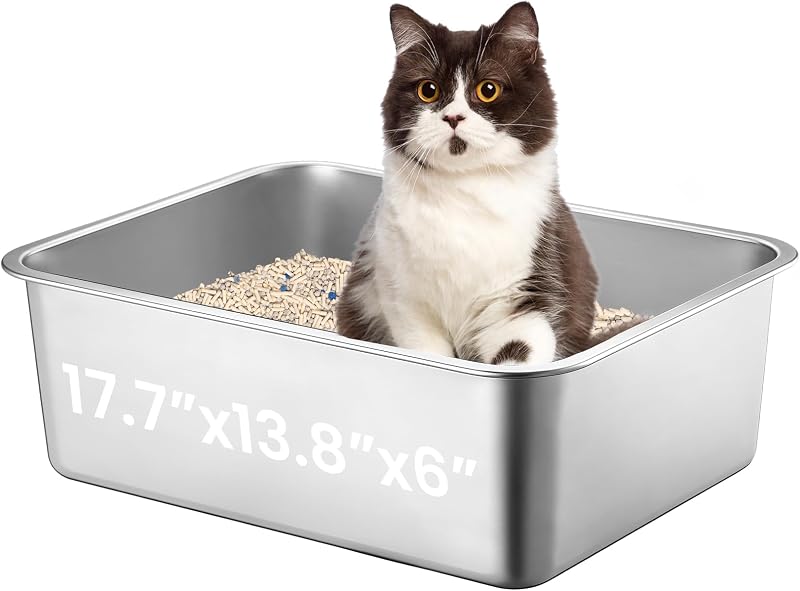 Caixa de Areia para Gatos em Aço Inoxidável com Base Antiderrapante Petinstinct 45 x 35 x 15 cm