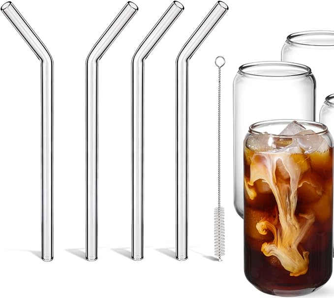 9 Inch 10mm Reusable Glass Straws Bent - Borosilicate Clear glass straws bent for Smoothies, Juice, Hot & Cold Beverages - Eco Friendly, BPA Free, Durable
