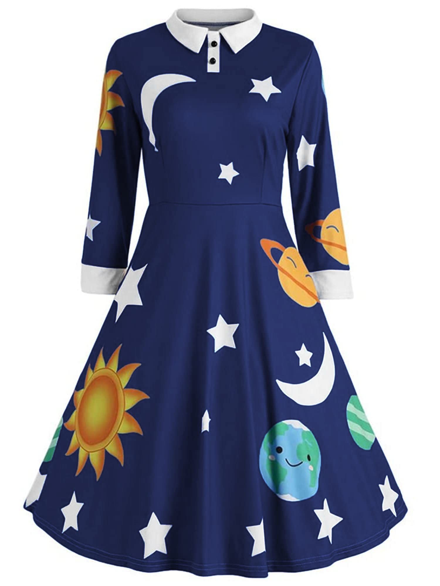 ZEZCLO Women's Long Sleeve Peter Pan Collar A-line Dress Halloween Costume Vintage Solar System Fit and Flare Dresses