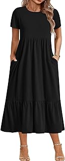 Women Plus Size Short Sleeve Dress Loose Plain Casual Summer Flowy Tiered Long Maxi Dresses with Pockets - Buy now