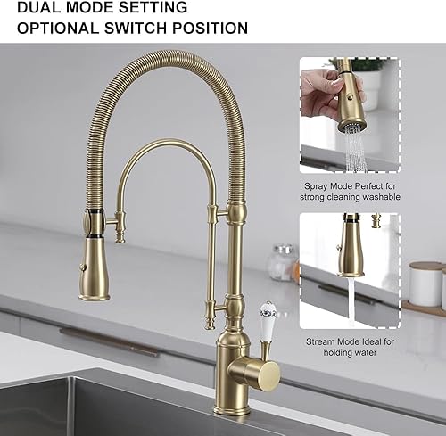 Miniatura 3 de KunMai Grifos de cocina de oro cepillado grifo de fregadero de cocina con rociador extraíble de arco alto grifo de cocina de doble modo