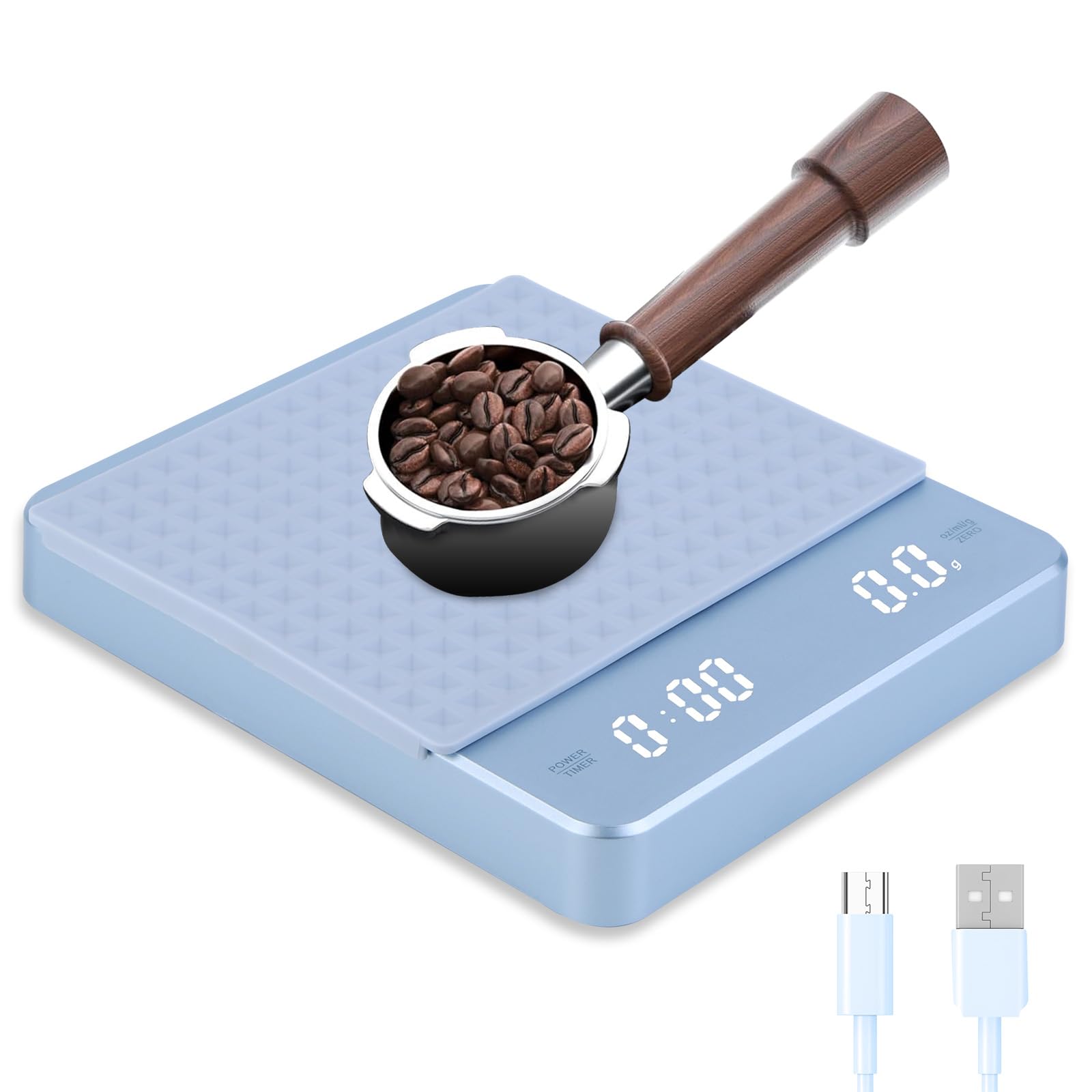 LJEC Coffee Scale with Timer, 3kg/0.1g High Precision Espresso Scale with Digital LED, Rechargeable Kitchen Food Scale for Espresso and Pour-Over Coffee, Touch Sensor and Silicone Cover (Blue)