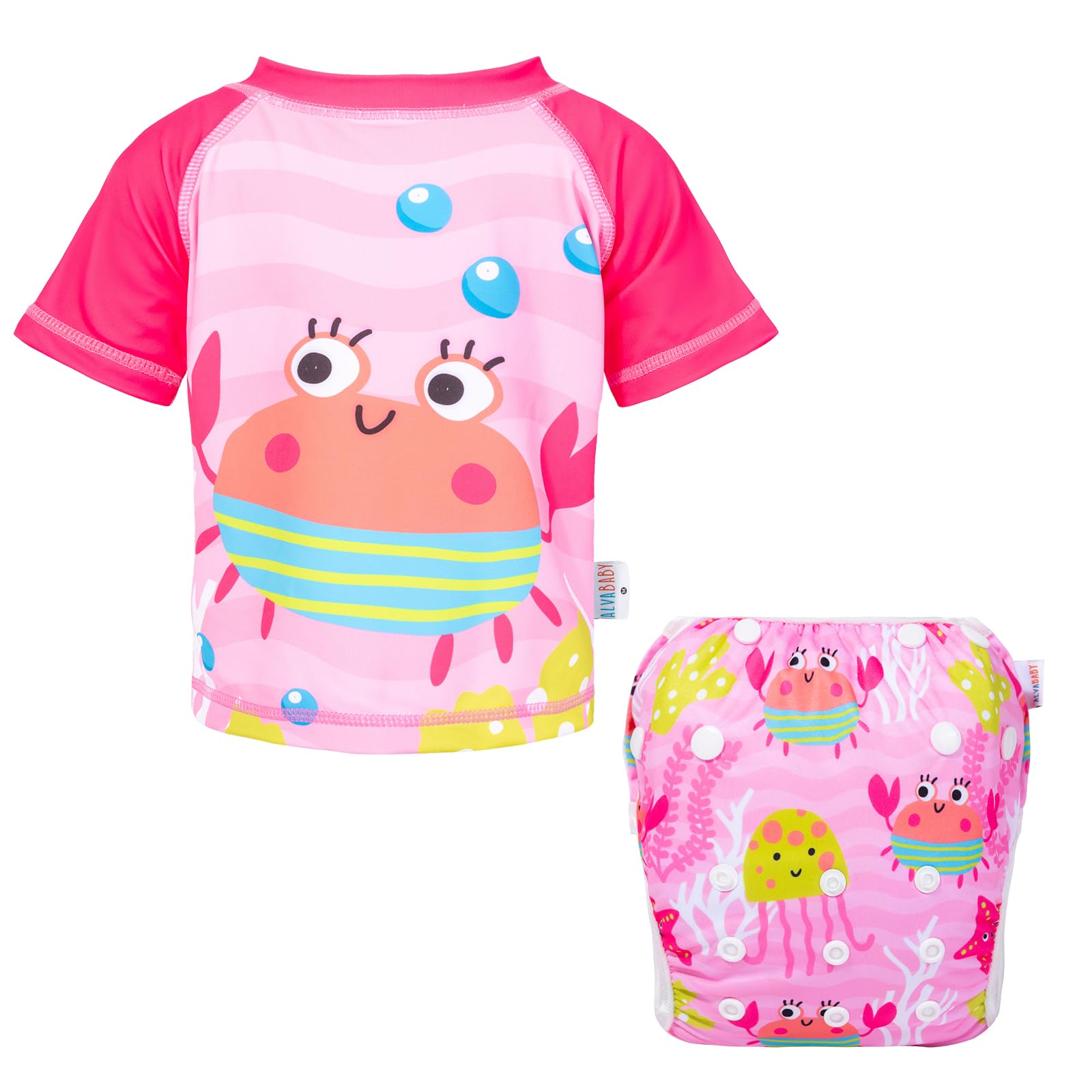 ALVABABY SWCJD07-DE - Costume da bagno per neonati, a maniche corte, riutilizzabile, 1 pannolino da nuoto e 1 maglietta da nuoto taglia M (0-1 anno)