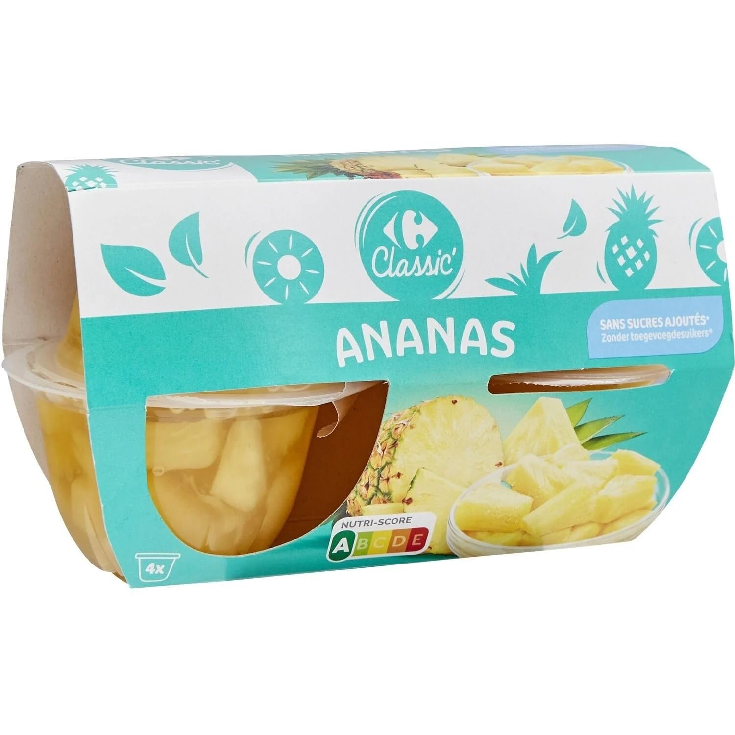 CARREFOUR CLASSIC' - Ananas en Morceaux au Jus d'Ananas Sans Sucres Ajoutés - les 4 pots de 70g net égoutté - 492g - Le Lot De 4