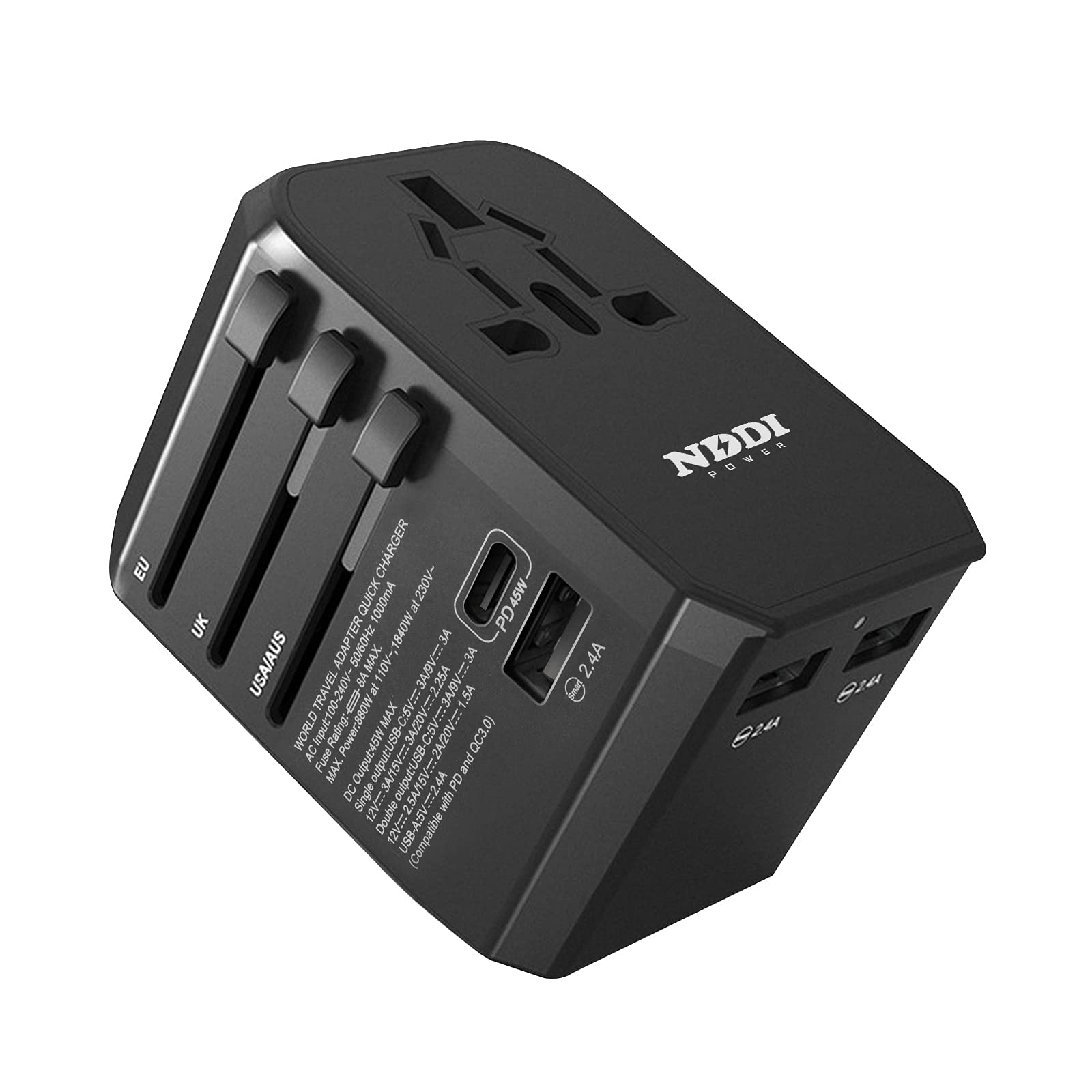 NDDI POWER 5 In 1 Adattatore Universale Da Viaggio Accessorio 45w Presa Universale Da Viaggio Con 3usb-A 1usb-C 1 Ac Per Fotocamere Digitali, Tablet, Supporta Spine Di Tipo A/B/G/E/F ((Us/Uk/Eu/Usa))