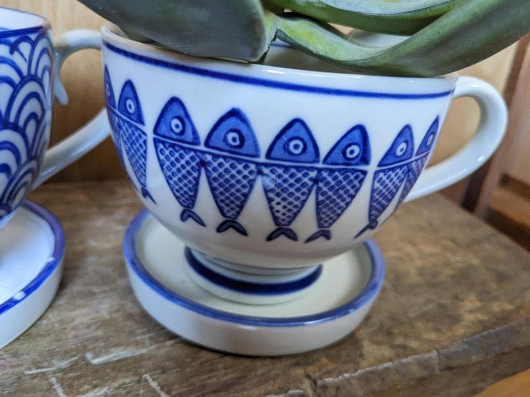 お得な3種セット スープカップ型植木鉢 受け皿付 蛸唐草 青海波 連魚