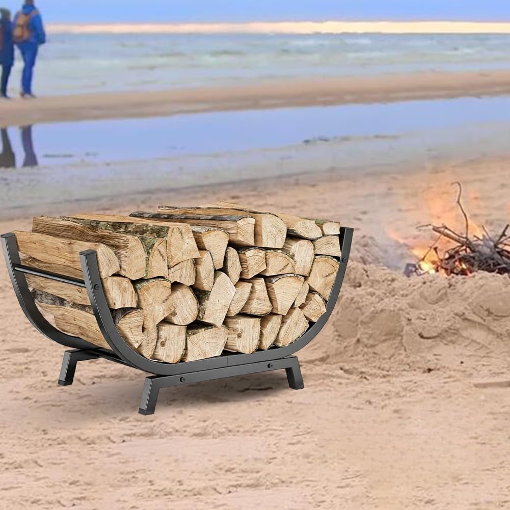 Leñero Metálico en Forma de U para Interior y Exterior, Estante de para almacenamiento Robusto de para acero Inoxidable Negro, para soporte Estable para Leña con Base Trapezoidal 77.5x33.5x43cm