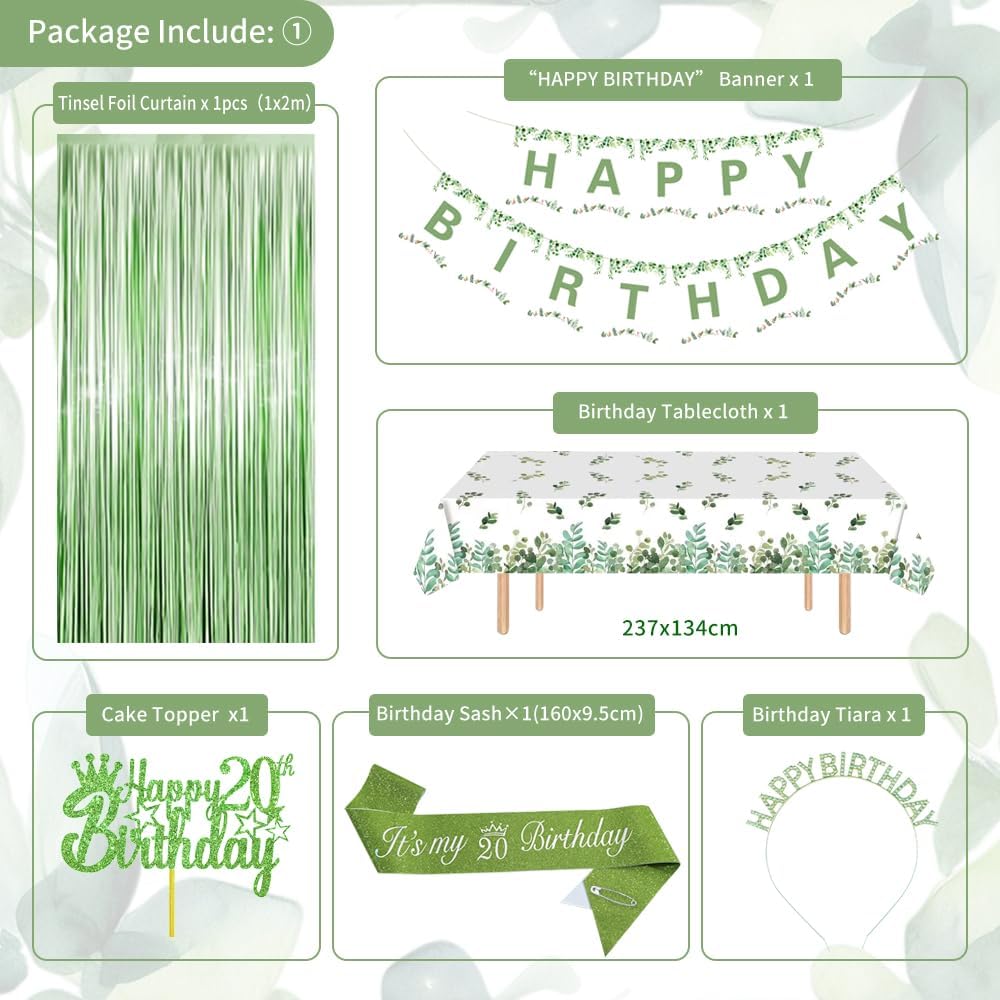 20th Birthday Decorations, Sage Green 20th Bday Decorations for Women Happy Birthday Banner Green Gold Balloons Crown Sash Fringe Curtain Tablecloth Cake Topper for Bday Decor - Image 2