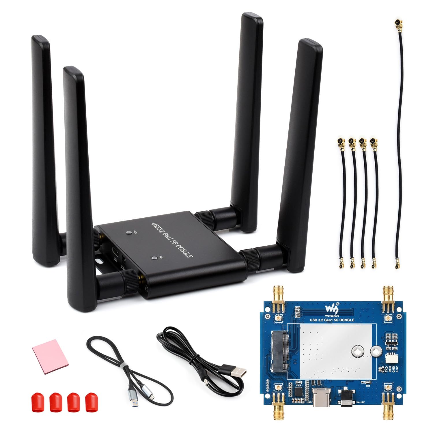 Waveshare 5G DONGLE Expansion Board ONLY, USB 3.2 Port, Aluminum Alloy Case, Quad Antennas, Onboard M.2 Key B Interface, Does NOT Include 5G Module