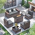 UDPATIO Patio Furniture Set with Fire Pit Table, 8 Inch Armrest 7 Piece Outdoor Sectional Sofas, All-Weather Wicker Conversation for Garden, Backyard, Brown/Dark Grey