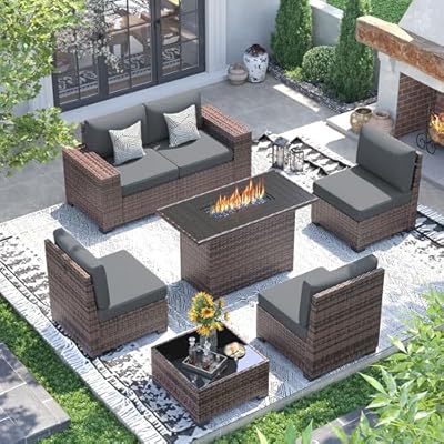 UDPATIO Patio Furniture Set with Fire Pit Table, 8 Inch Armrest 7 Piece Outdoor Sectional Sofas, All-Weather Wicker Conversation for Garden, Backyard, Brown/Dark Grey