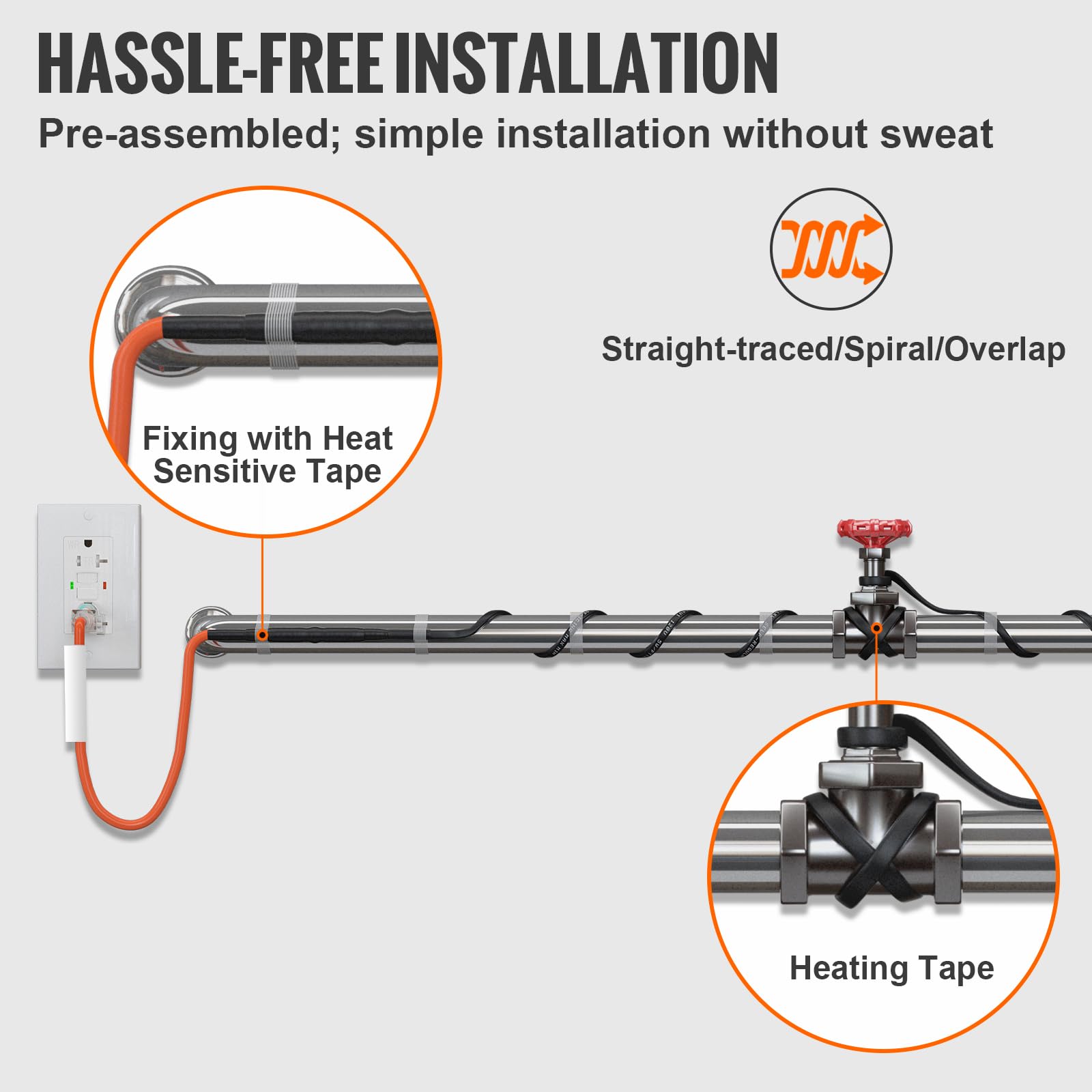 VEVOR Rohrheizkabel Selbstregulierend 15m 5W/Fuß Heizband für Rohre Frostschutz Wasserleitung Wärmekabel mit integriertem Thermostat