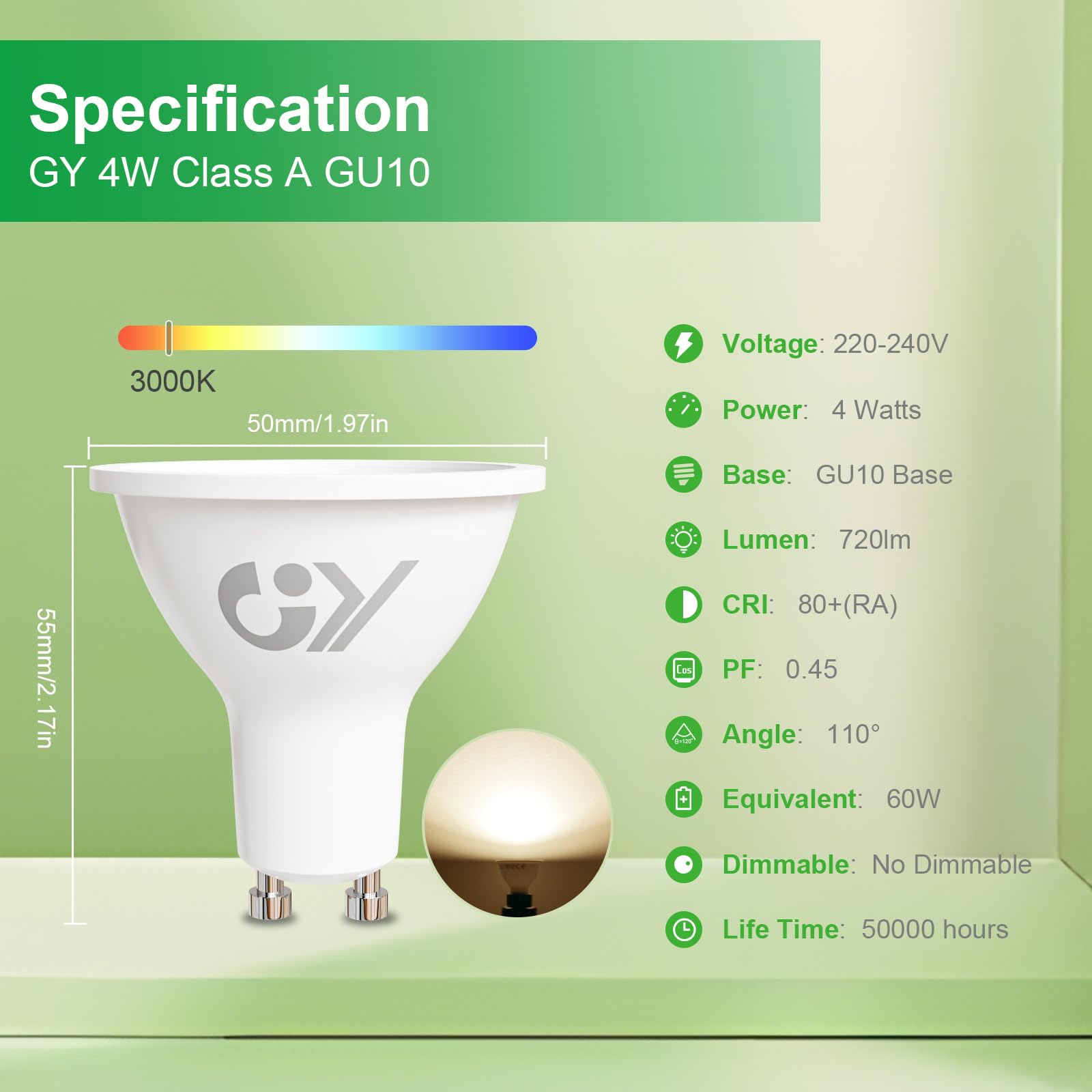 GY Bombilla Led GU10 4W(Equivalente a 60W), Luz Blanca Cálida 3000K, 720 Lúmenes, Ángulo de haz de 110°, No Regulable, Bombilla Bajo Consumo Clase A, Pack de 6