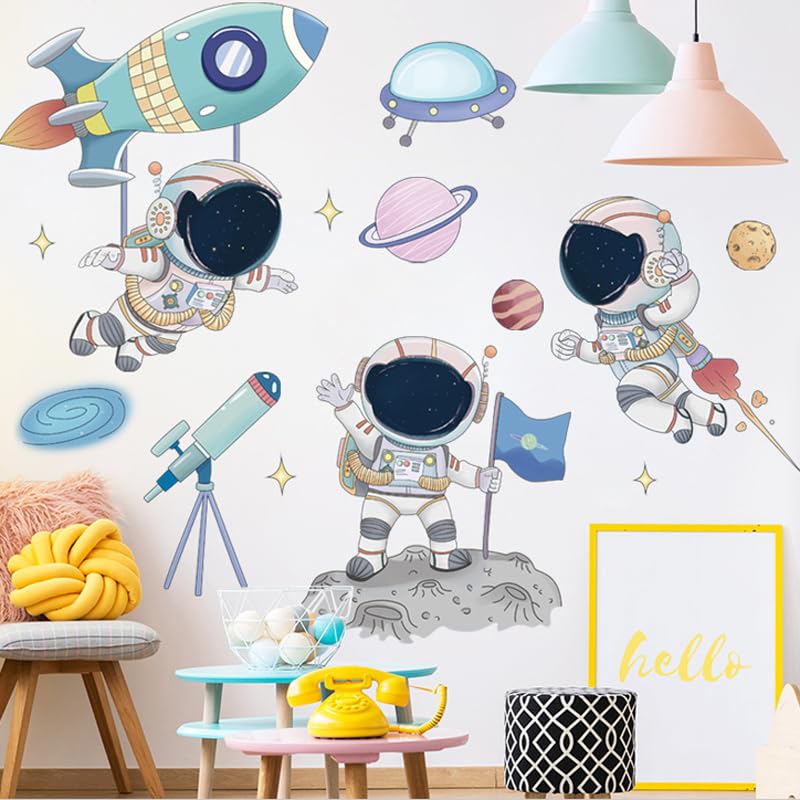 Image of Space Peel and Stick Wall Stickers - Planets, Astronaut, Rocket, Spacecraft, Alien, Solar System, Galaxy Universe Stars Decal for Kids, Boys, Girls, Toddler Nursery Bedroom - 90 x 1 Cm