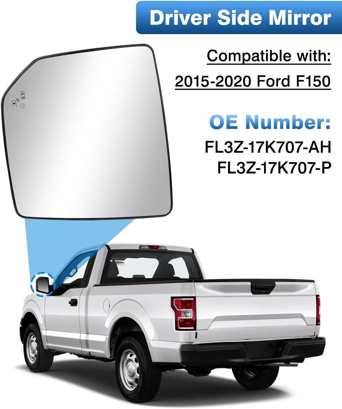 TOP-MAX Driver Side Mirror Glass Replacement for Ford F150 2015 2016 2017 2018 2019 2020, Left Heated Mirror Glass with Blind Spot Detection and Rear Holder, FL3Z-17K707-AH