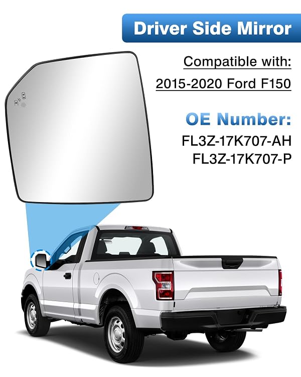 TOP-MAX Driver Side Mirror Glass Replacement for Ford F150 2015 2016 2017 2018 2019 2020, Left Heated Mirror Glass with Blind Spot Detection and Rear Holder, FL3Z-17K707-AH by TOP-MAX - Used condition - Image 2