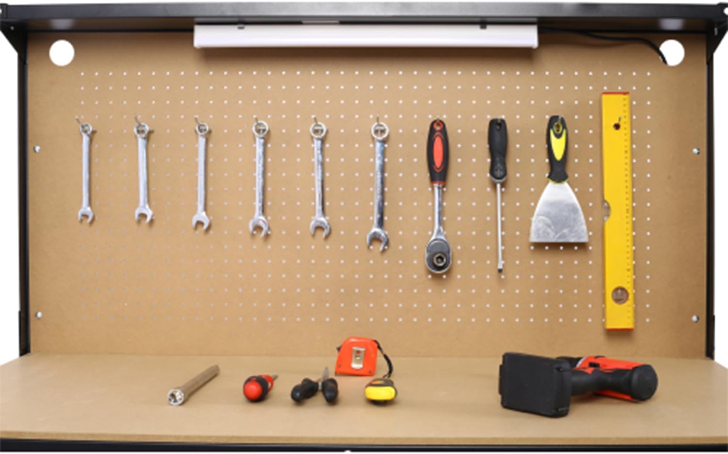 Heavy-Duty Steel Workbench with LED Light, 59'' Tool Storage Bench with Power Outlets & USB Ports, 200 lbs Capacity, Workbench with Pegboard & 2 Drawers for Garage or Workshop