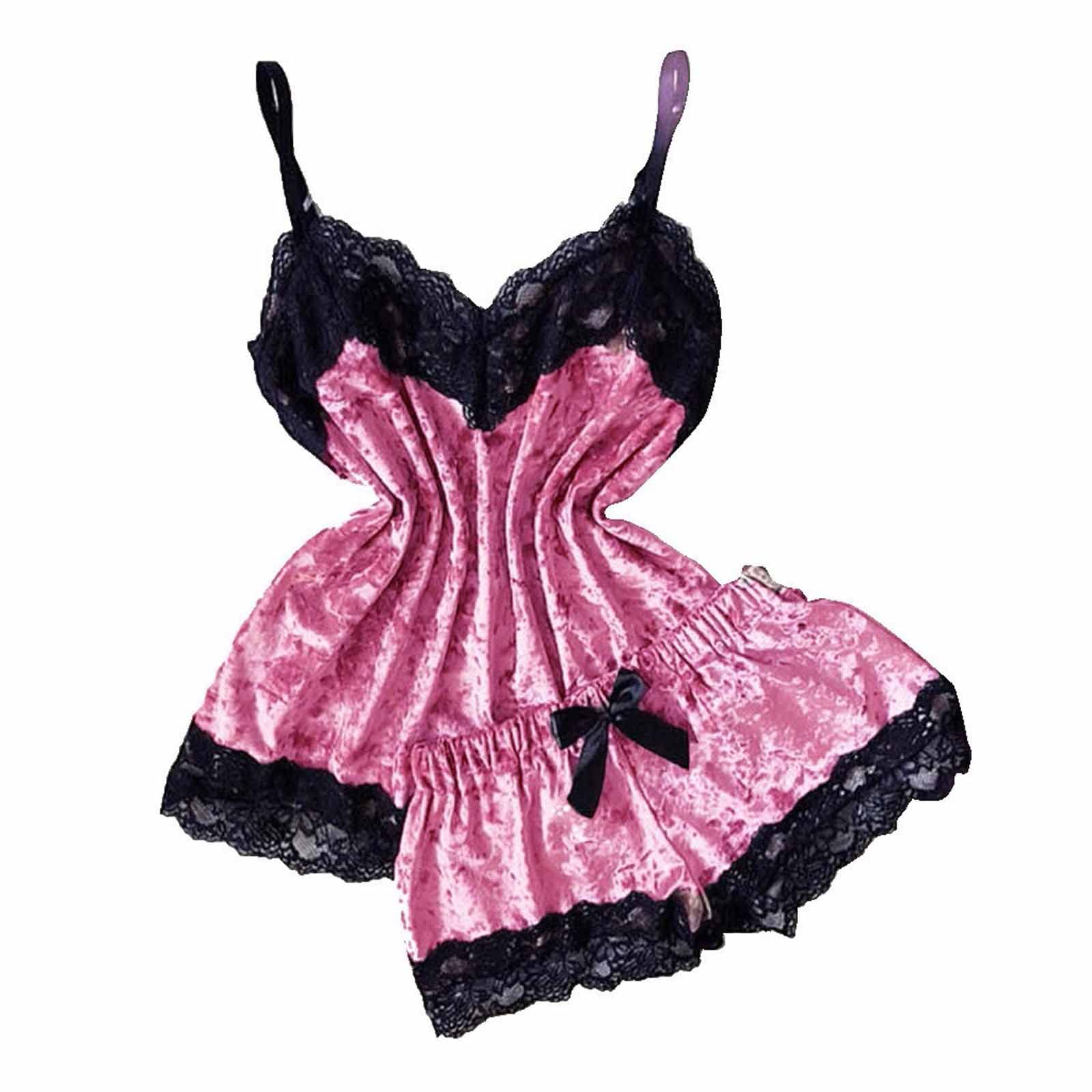Sexy Pajama Set for Women Lace Cami and Shorts Two Piece Satin Lingerie Ruffled Sleepwear V Neck Camisole Nightwear