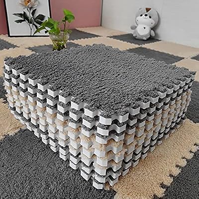12 pcs Thickened Plush Interlocking Floor Mat 0.6" Thick- Fluffy Square Tiles with 12 Edgings Soft Anti-Slip Puzzle Area Rug Playmat for Room (11.8", Gray & Light Brown)