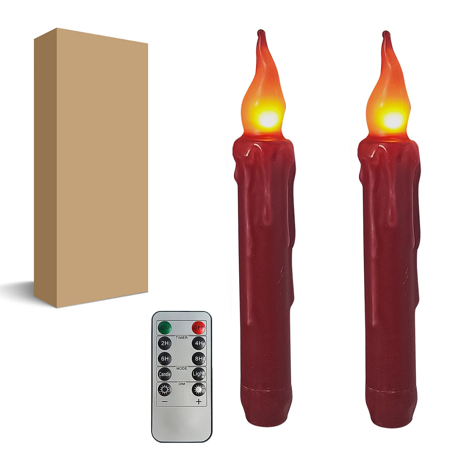 FCMSHAMD Dark Red Flameless Short Taper Candles, Real Wax Hand Dipped LED Battery Operated with Remote, Flickering Flame Lights for Festival Home Décor, 6.7 Inch Primitive Flameless Candles, 2PCS — image 1