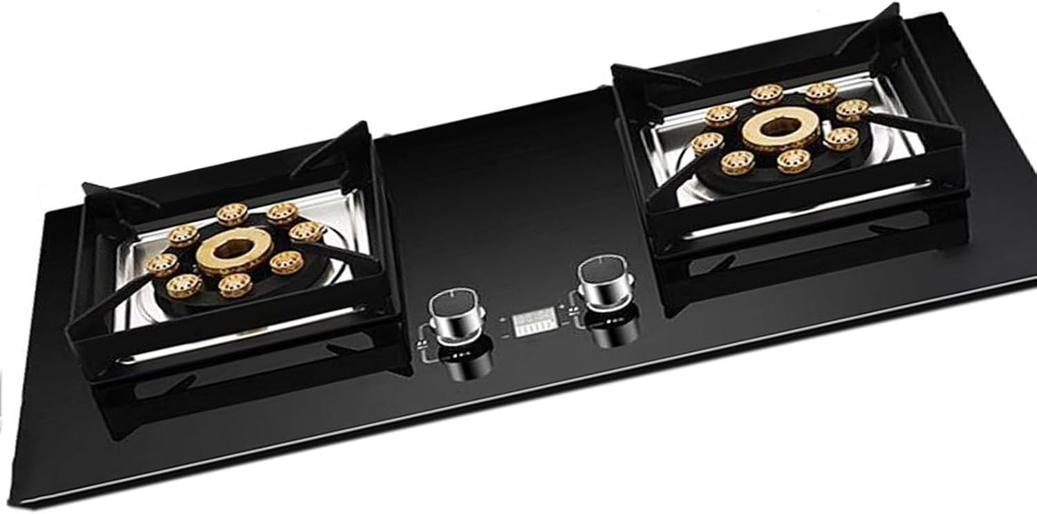 2 Burners Gas Cooker, 9.0KW Tempered Glass Stove, Fast Ignition, Bilateral 180min Smart Timed, with Cast Iron Support(LPG)(NG)