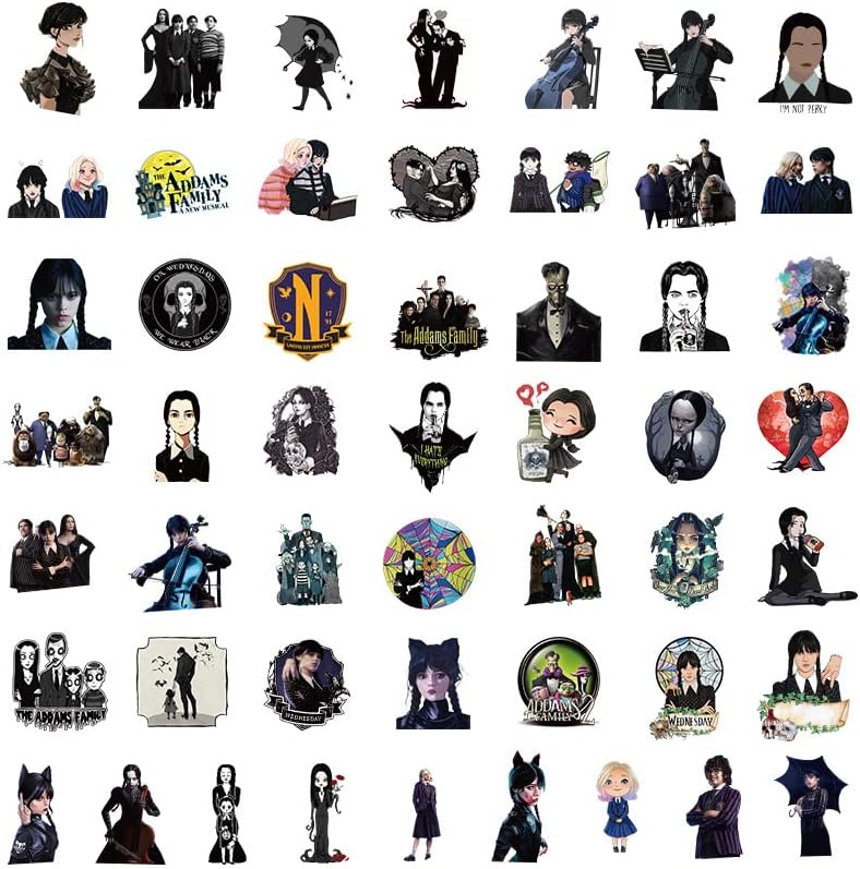 50 Pieces Wednesday New Addams TV Show Stickers Packs for Kids Girls Teens Boys, Party Supplies Waterproof Graffiti Vinyl Sticker Decals for Laptop Cup Skateboard Phone Scrapbook Bike Suitcase Guitar
