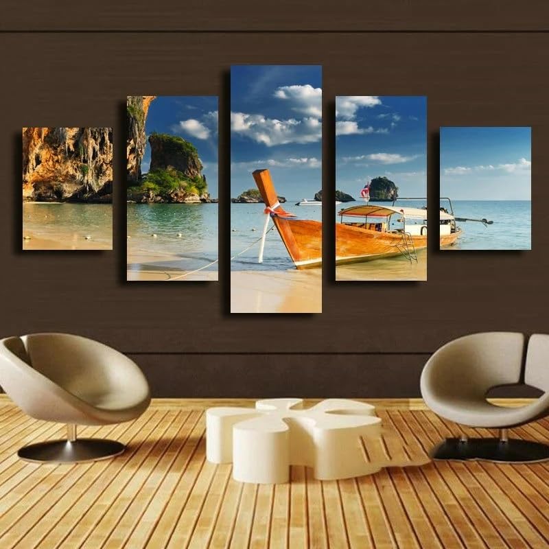 Deco murale salon 5 parties tableau paysage marin avec cadre grand format