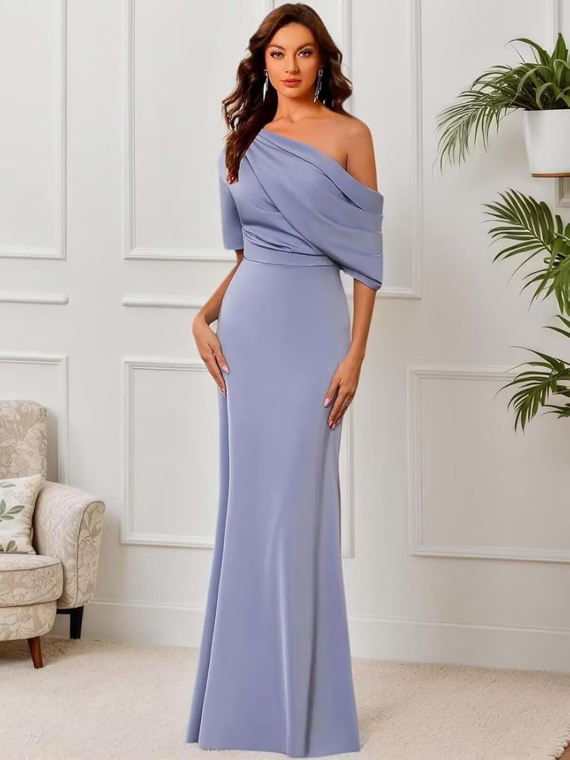 Mermaid Satin Mother of The Bride Dresses for Women Elegant One Shoulder Ruffle Long Formal Evening Gown