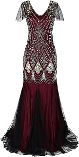Flapper Dresses 1920s Gatsby Ladies Womens Vintage V Neck Beaded Sequin Mermaid Hem Formal Evening Party Dance Dress Cocktail Maxi Gown Prom Halloween Fancy Costume