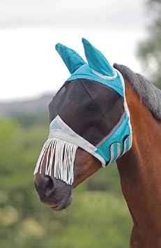 Shires Fine Mesh Fly Mask with Ears & Nose Fringe 70% UV Protection Teal/Extra Full/Single