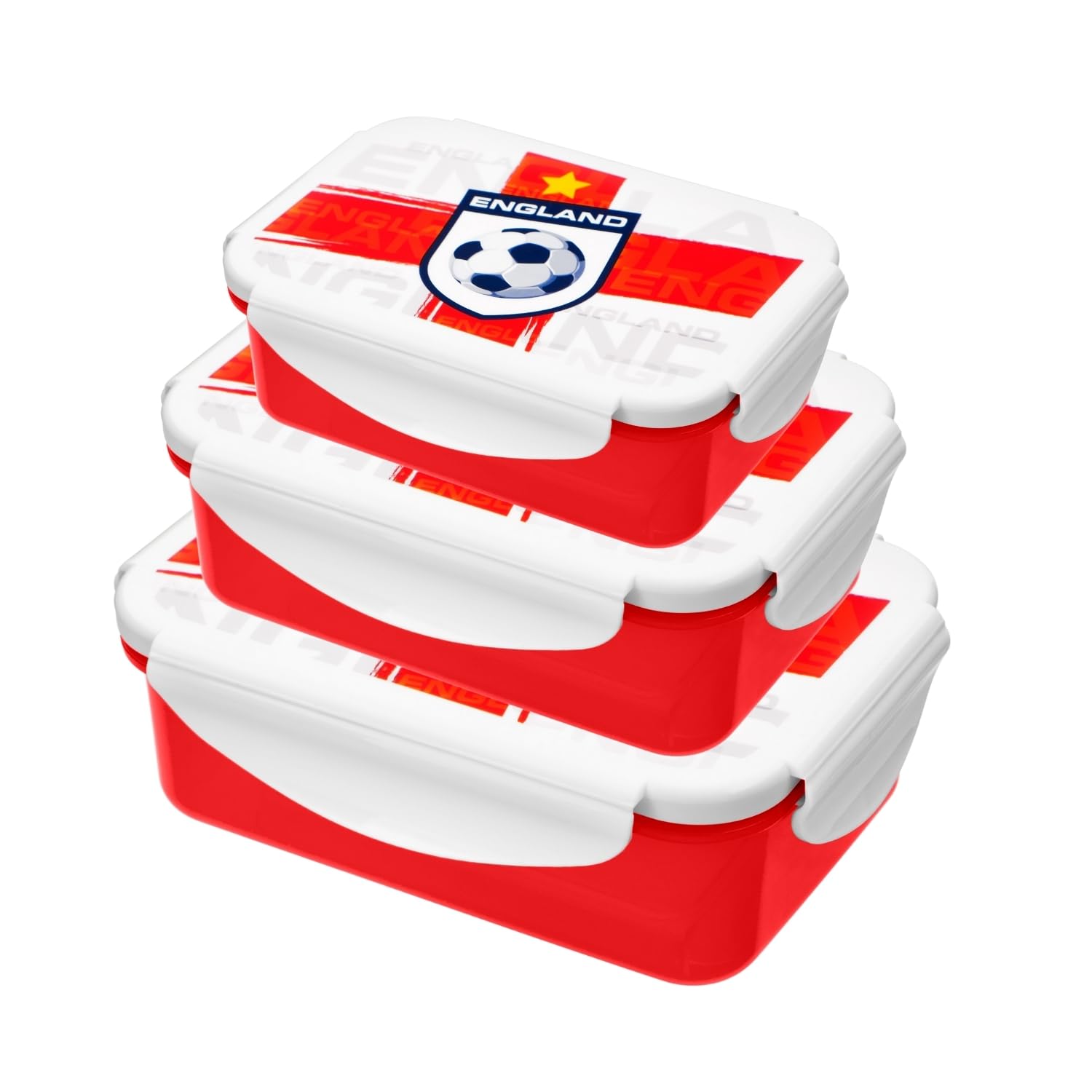 HOMESHOPA Plastic Lunch Box, 3 Pack Red 500ML/900ML/1500ML Clip & Lock Airtight Food Storage Containers, England Football Print BPA Free Leakproof Reusable Sandwich Boxes