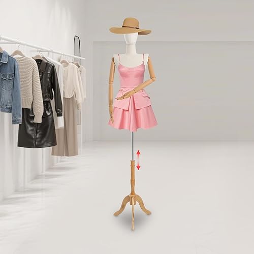 Miniatura 3 de Torso de maniquí femenino con brazos desmontables y ajustables, vestido de maniquí de exhibición con cabeza giratoria y soporte de madera para coser
