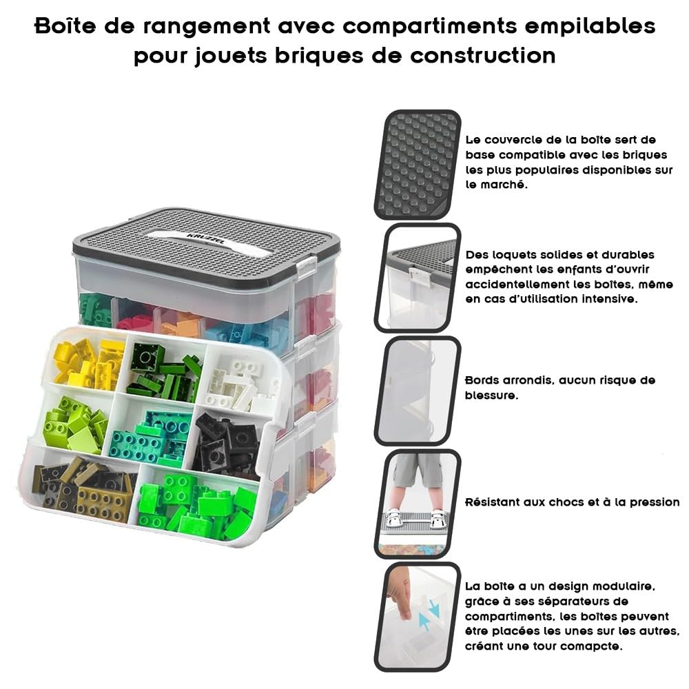 KRUZZEL Spielzeug Organizer 22L 3 Etagen mit Fächern – Stapelbox Transparent mit Tragegriff & Einteilungen – Kistenbox für Bausteine Kinderzimmer
