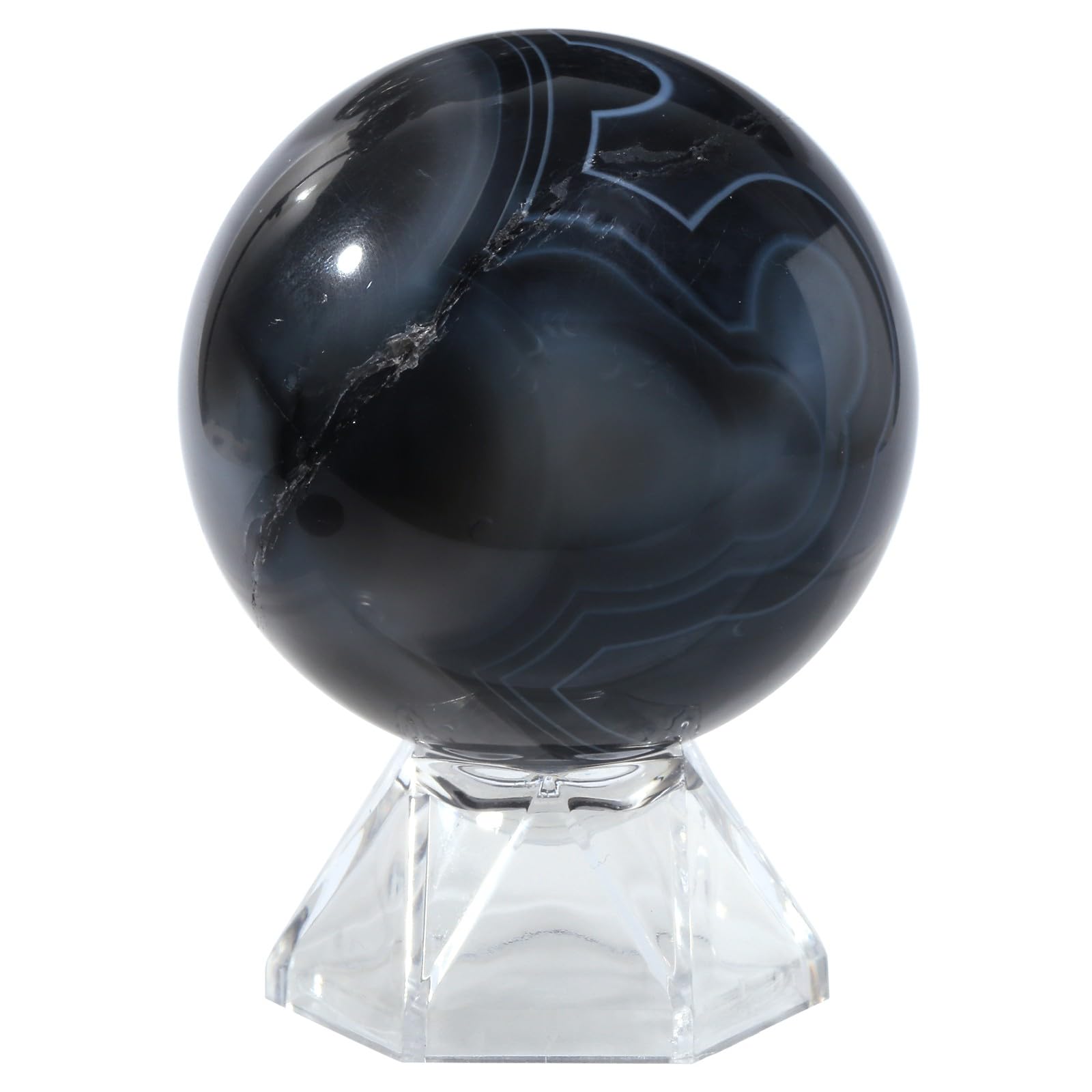 Nupuyai Striped Black Agate Stone Sphere Ball with Acrylic Stand Polished Crystal Ball Orb Sculpture Figurine for Divination Feng Shui Meditation Home Office Decor, 50-60mm