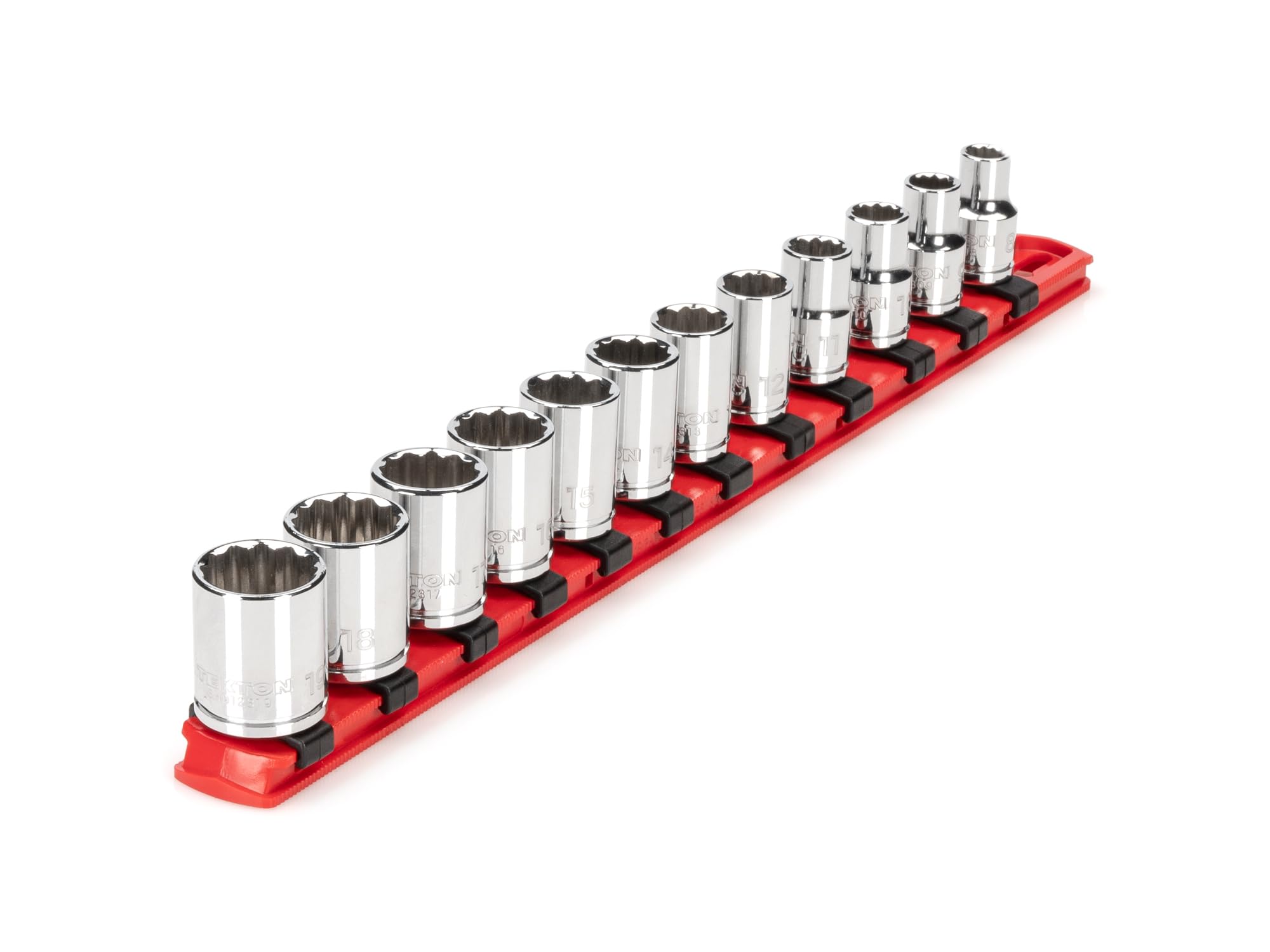 TEKTON 3/8 Inch Drive Shallow 12-Point Socket Set with Rail, 12-Piece (8 - 19 mm) | SHD91104