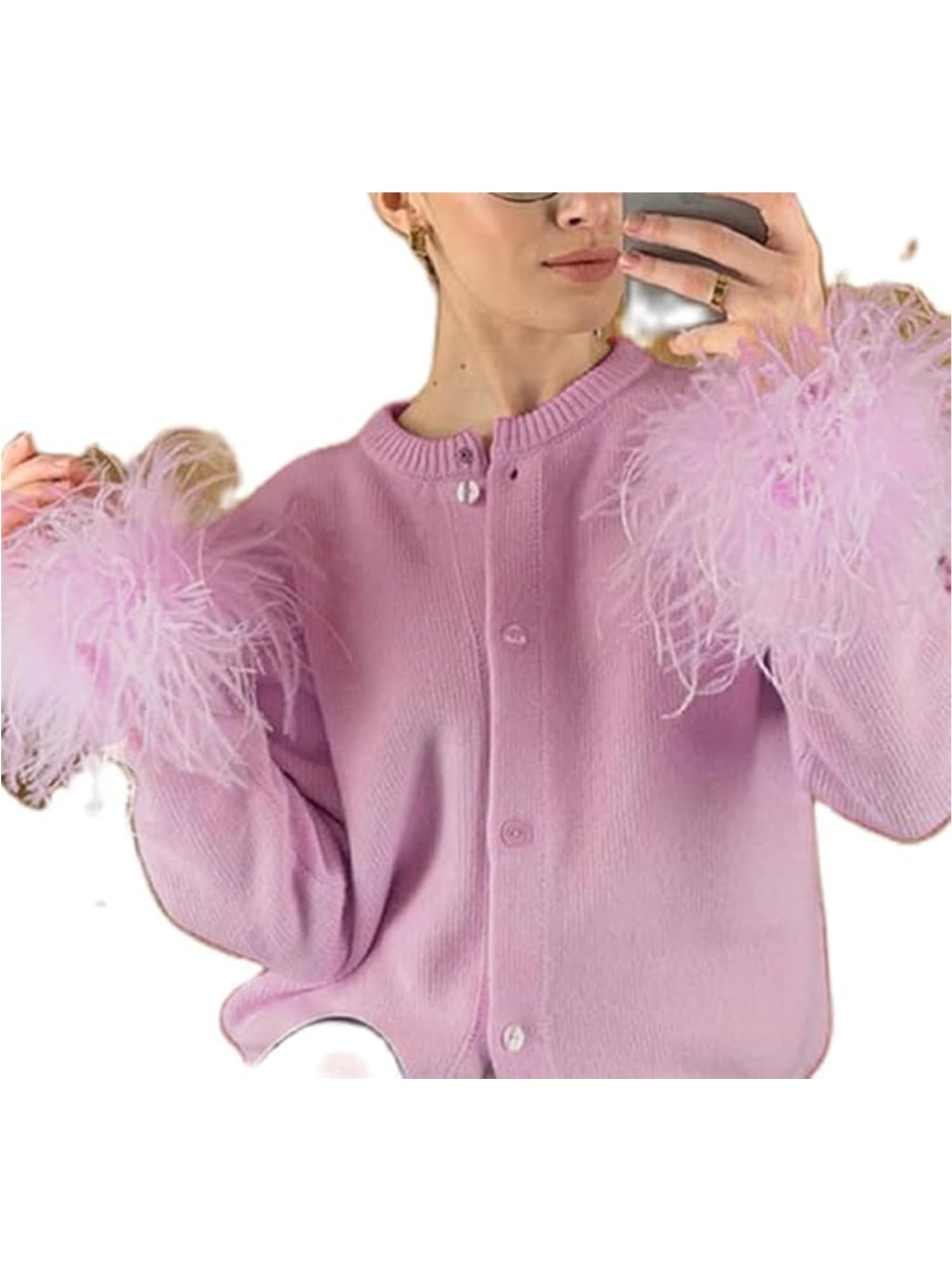 Womens Y2k Fluffy Cropped Knit Cardigan Long Sleeve Faux Fur Button Closure Knitted Winter Warm Cardigan