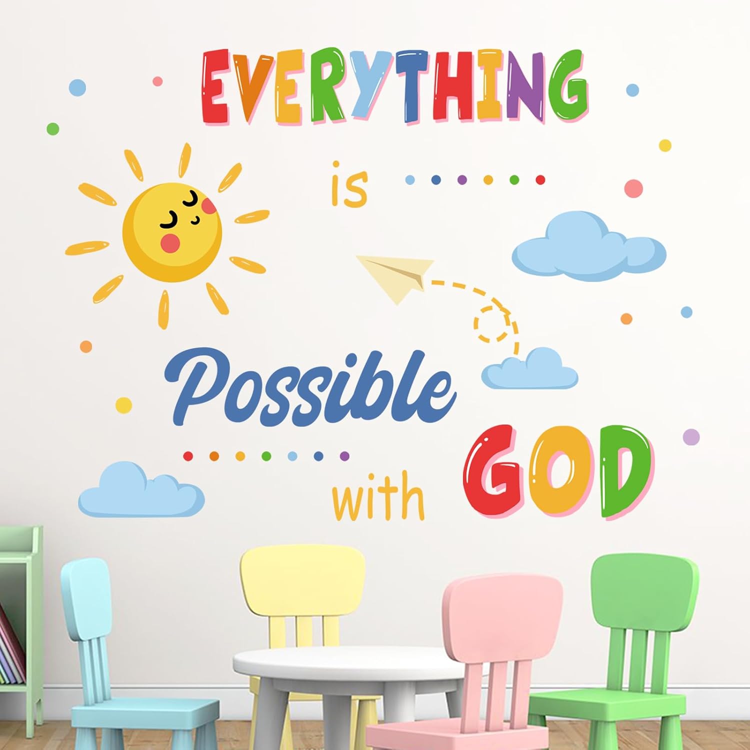 Yovkky Inspirational Everything is Possible with God Wall Decals Stickers, Colorful Sun Cloud Paper Plane Toddler Baby Nursery Decor, Positive Home Decorations Kids Bedroom Playroom Classroom Art
