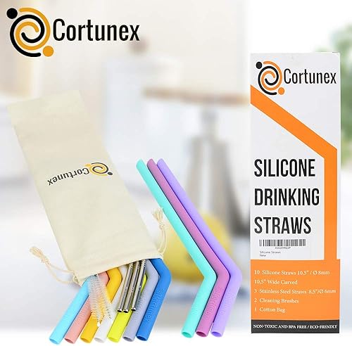 Miniatura 2 de Juego de 10 popotes de silicona de alta calidad, 10.5, ecológicas, reutilizables, con 3 popotes de acero inoxidable de 8.5 y 2 cepillos de limpieza,