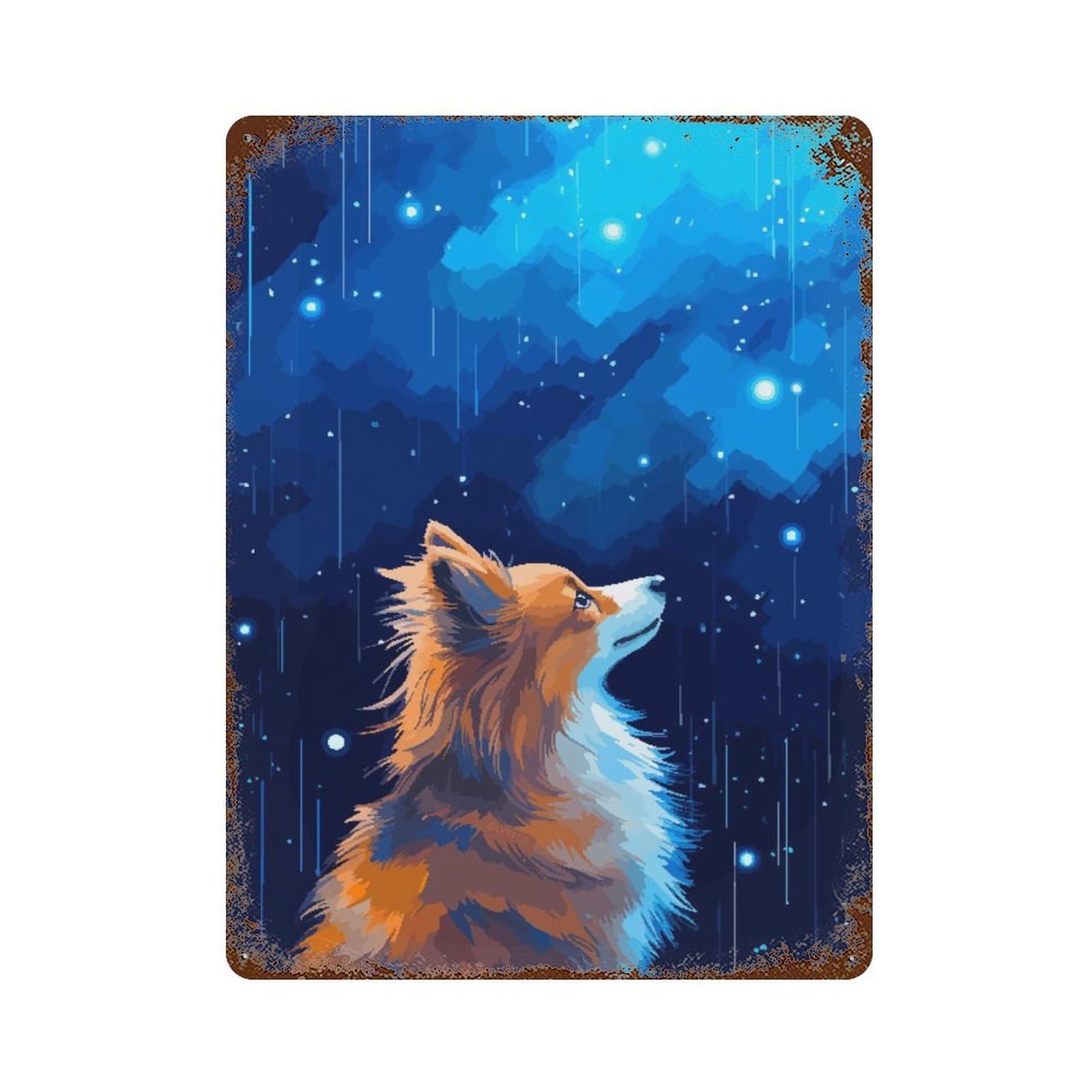 Garage Style Fox in Rain Pixel Art Vintage Rust Metal Sign 15.7"x11.8", Vintage Wall Decor for Bar And Workshop