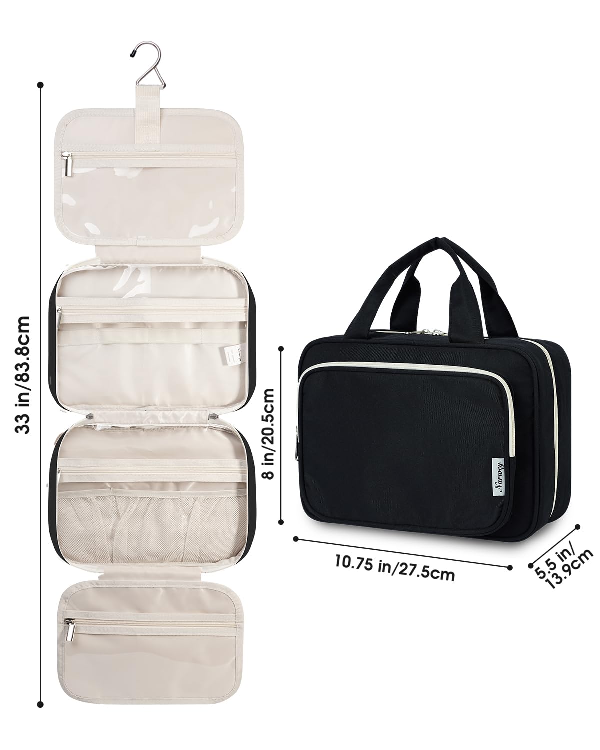 Narwey Bolsa de Aseo Bolsa de Maquillaje de Viaje Organizador de Cosmético Neceser Maquillaje para Mujeres y Niñas (Negro(Mediano)) — view 8