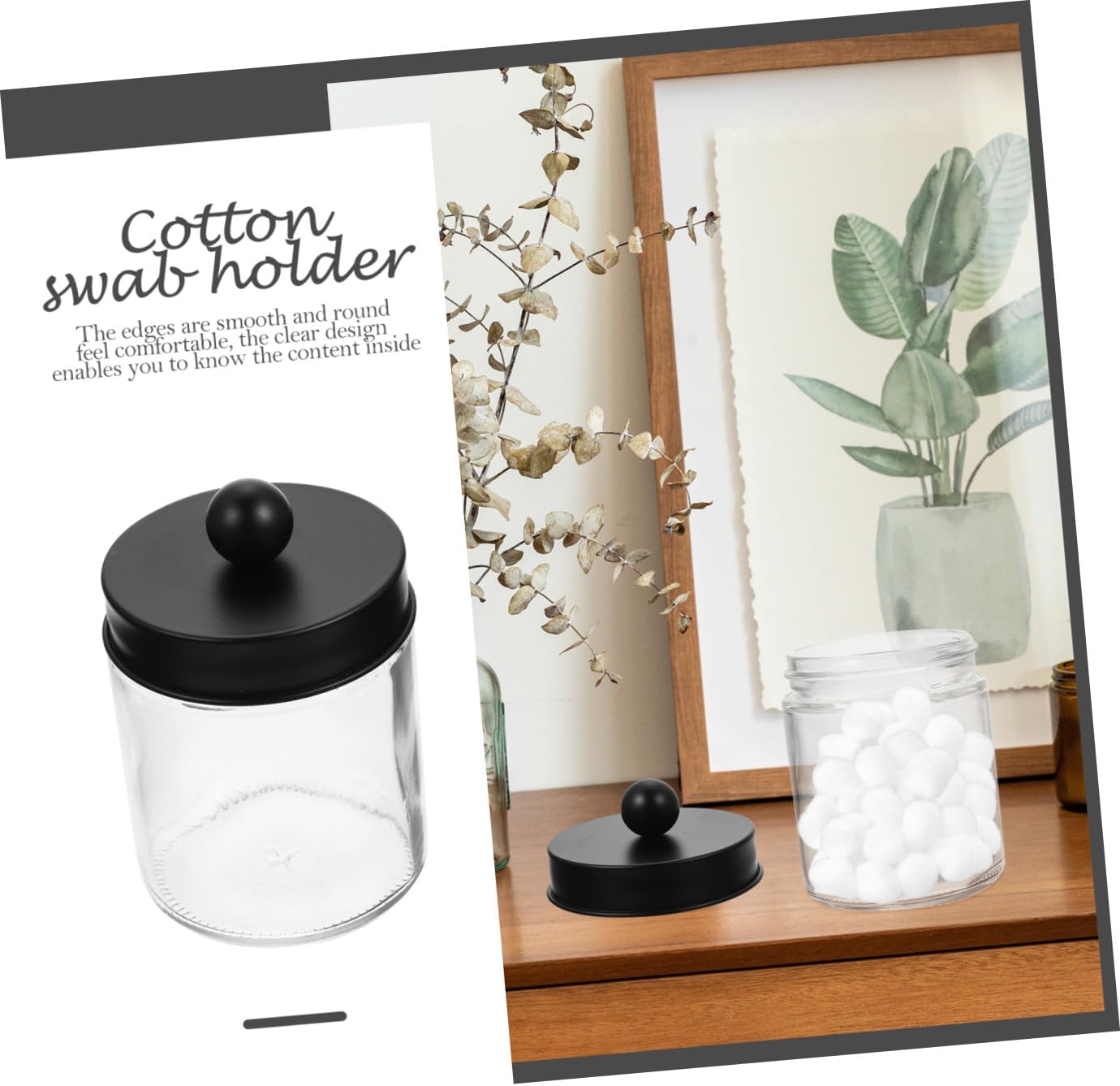 3pcs Glass Cotton Swab and Ball Storage Jars with Stainless Steel Black Lids, Straight Canisters for Bathroom Organizer and Vanity Dispenser