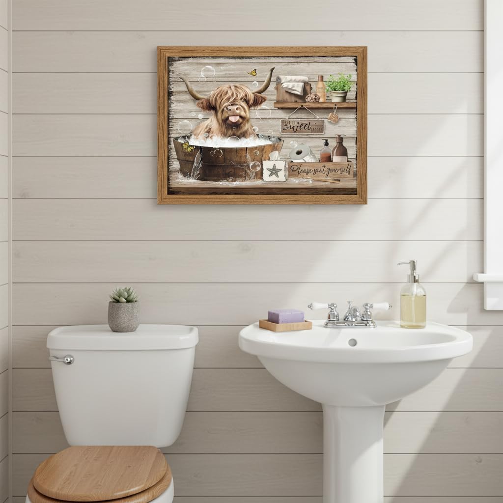 XDFDDNLY Wood Framed Highland Cow Canvas Wall Art,Bathroom Funny Quotes Picture,Rustic Farmhouse Cow Poster Prints.Cute Animal In The Bathtub painting Artwork for Bathroom Restroom Wall Decor 12x16in