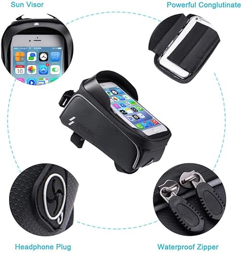 Miniatura 5 de Bolsa de marco frontal para teléfono de bicicleta, bolsa de ciclismo impermeable con pantalla táctil sensible y conector oculto para auriculares