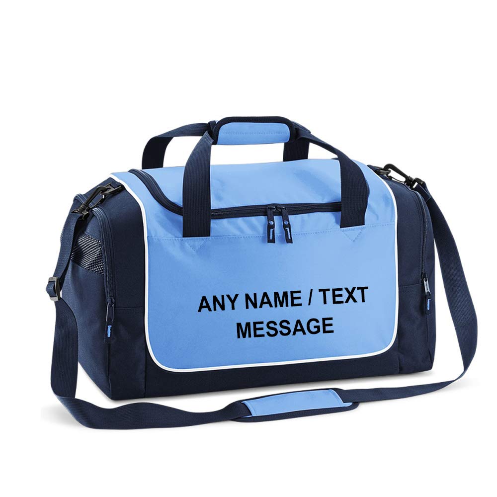 Getagift Personalised with your own Text/Message/Any name themed Team wear Gym Bag Locker Bag Plain Holdall Kit Unisex Backpack Dance/Ballet/Weekend Bag. (Sky Blue Navy White)