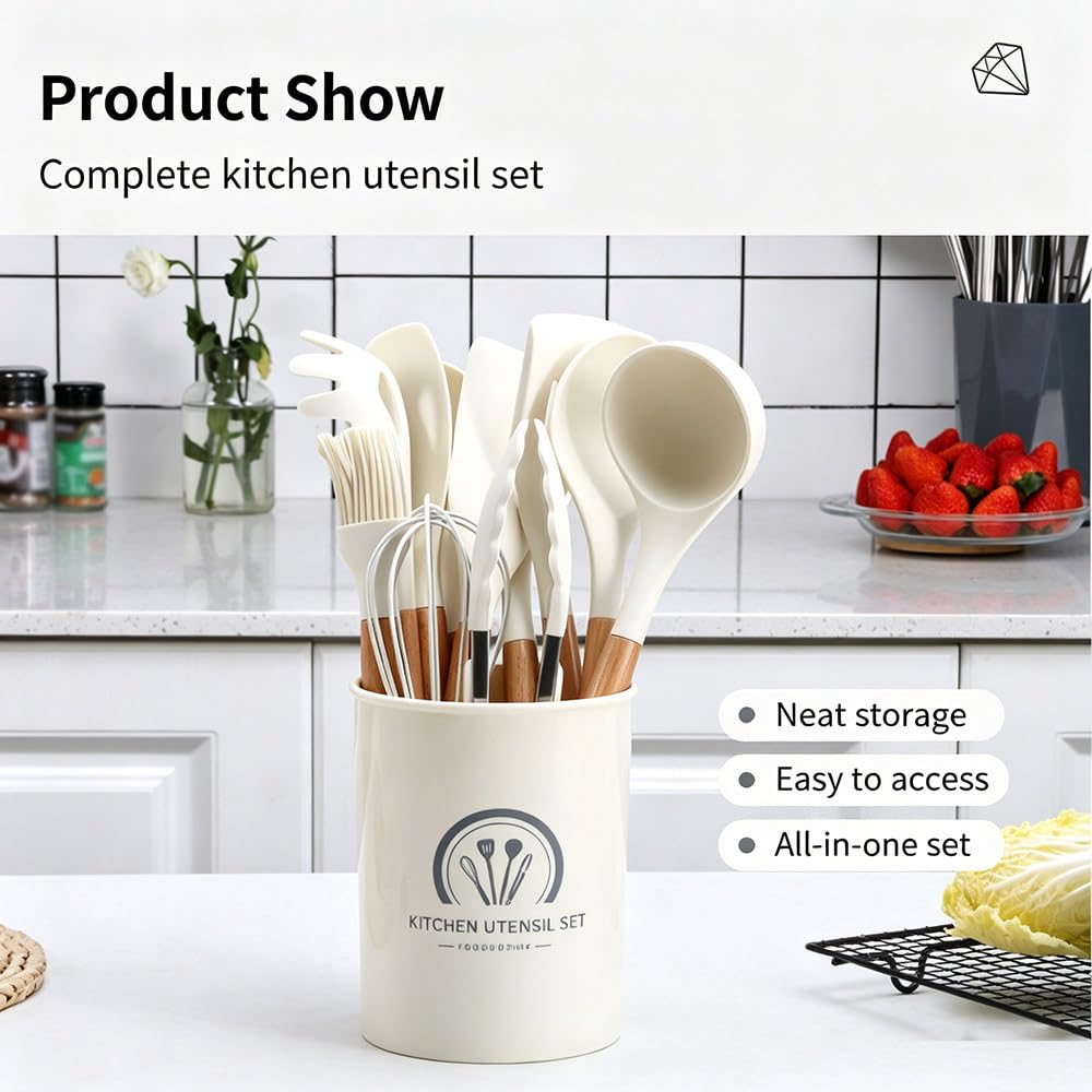 Set di 33 Utensili da Cucina in Silicone Alimentare con Manici in Legno; Kit Completo di Accessori per Cucinare Comprensivo di Misurini, Delicati su Pentole E Padelle Antiaderenti Black