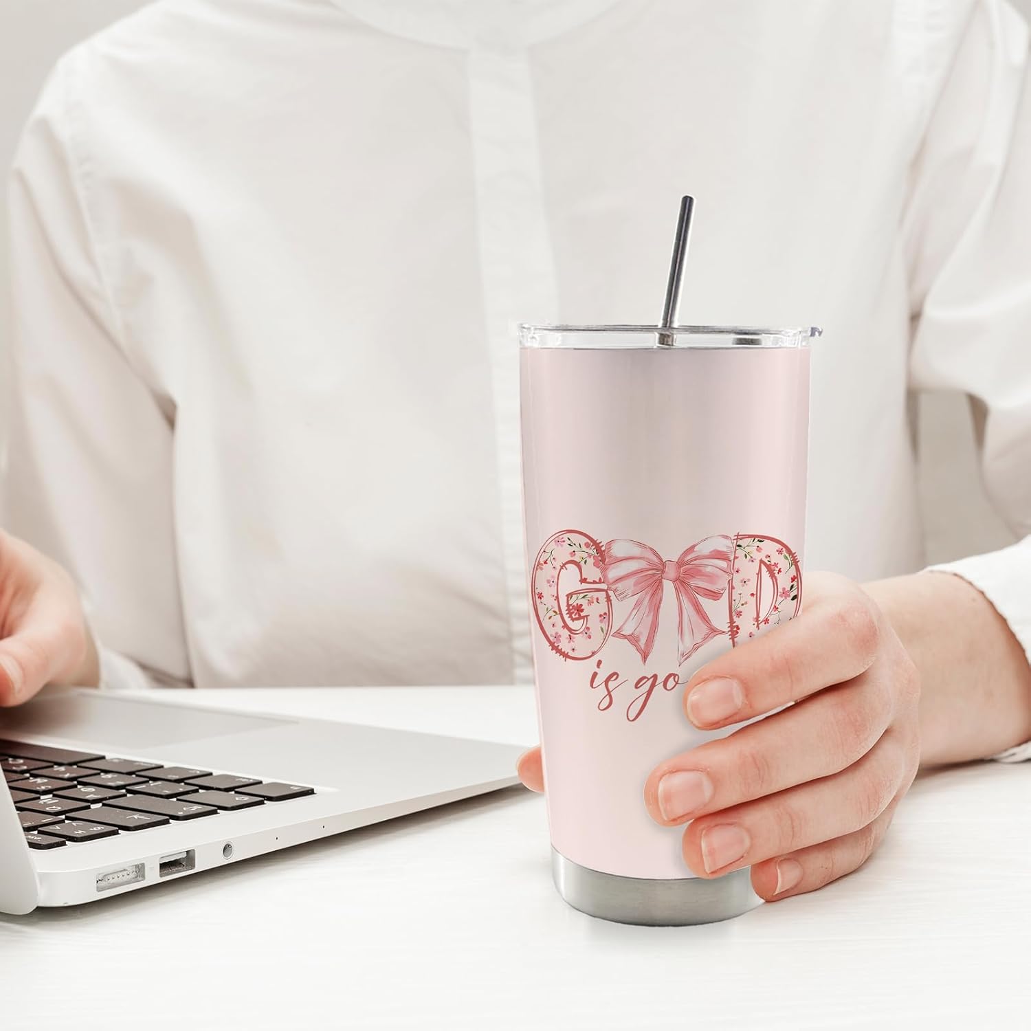 Christian God is Good Pink Bow Cross 20oz Travel Coffee Mug Tumbler, Christian Easter Tumbler Gifts for Women Kids, Preppy Stuff, Pink Preppy Water Stainless Steel Tumbler with Lid and Straw - Image 3