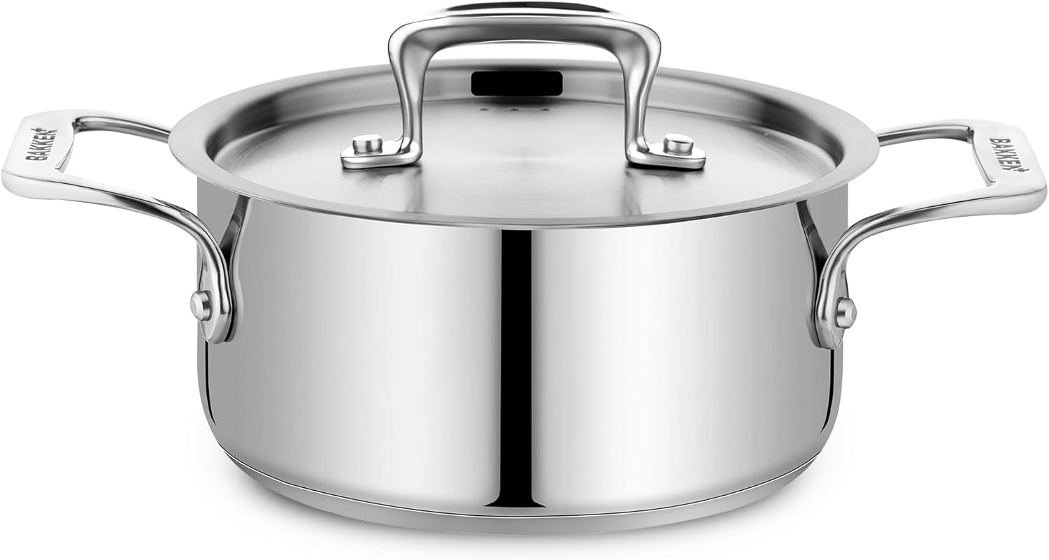 Stainless Steel Stockpot with Lid 2 Quart, Durable 18/8 Stainless Steel, Impact-Bonded Base for Even Heating, Riveted Handles, Oven & All Stove Compatible, Safe Up To 500°F (260°C)