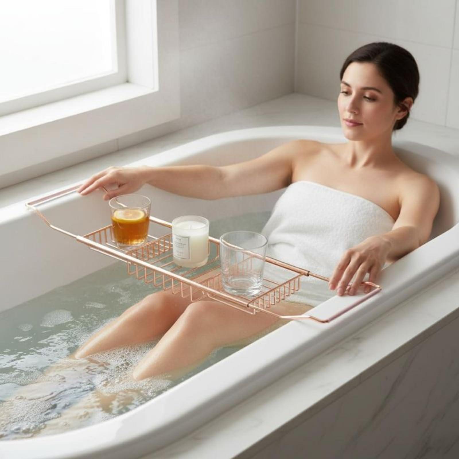 Estante de Almacenamiento de Baño Bandeja de Bañera Soporte de Libro Organizador Antideslizante Acero Inoxidable con Extensión de 70cm a 110cm, Silver