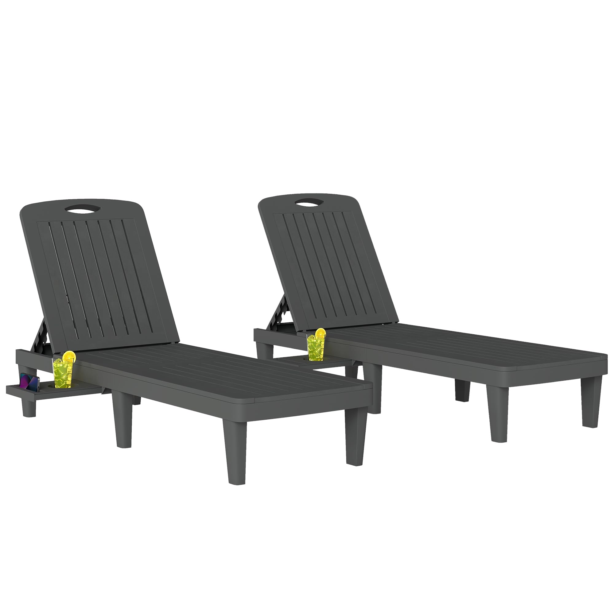 Outsunny Lot de 2 Chaises Longues de Jardin en PP avec Plateau Latéral Gris